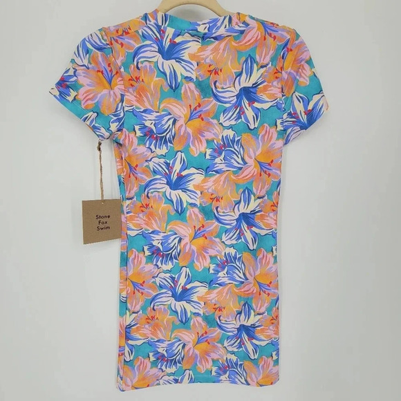 Stone fox swim tropical lily dress floral blue orange soft stretchy small - Picture 3 of 6